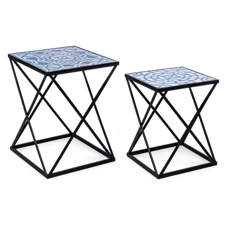 Set di 2 tavolini da appoggio in acciaio con piano decorato - DECLAN