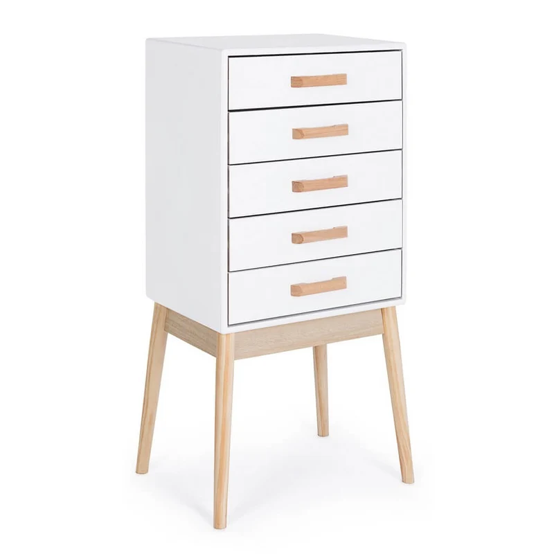 Cassettiera 5 Cassetti Stile Nordico Bianco con Gambe in Legno - EXCEPTIONAL