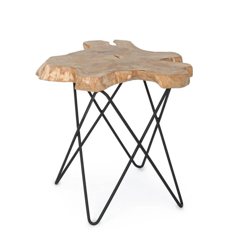 Tavolino in radica di teak naturale con gambe in acciaio nero - APOLLO