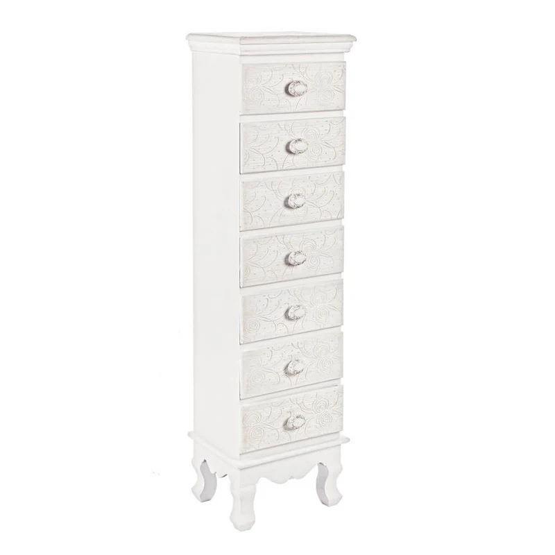 Cassettiera Alta 7 Cassetti in MDF Bianco con Decori Floreali - CLARA