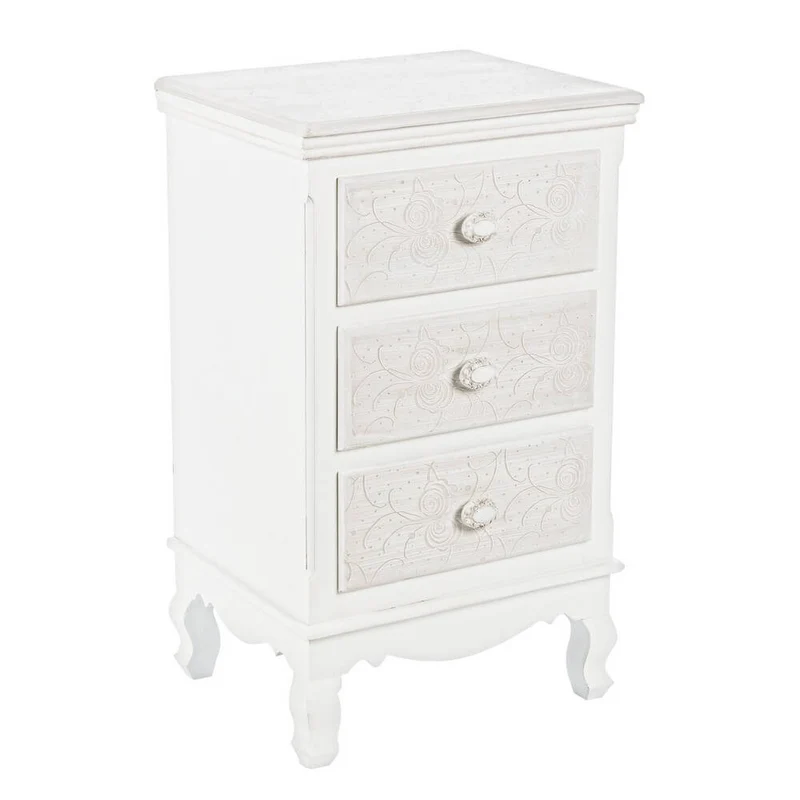 Comodino Cassettiera 3 Cassetti in MDF Bianco Shabby Chic Floreale - CLARA