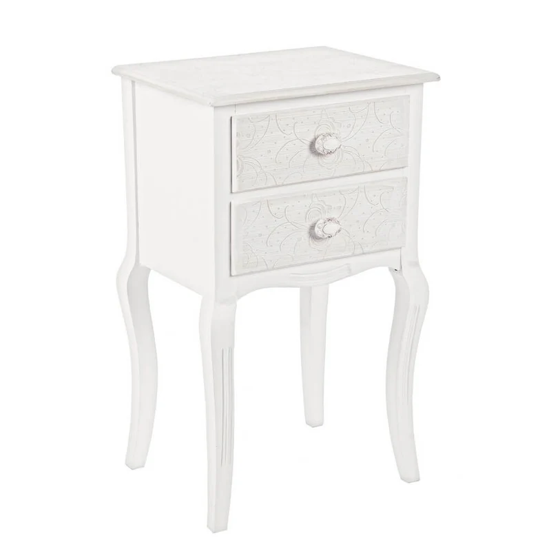 Comodino con 2 Cassetti in MDF Bianco Stile Romantico Floreale - CLARA