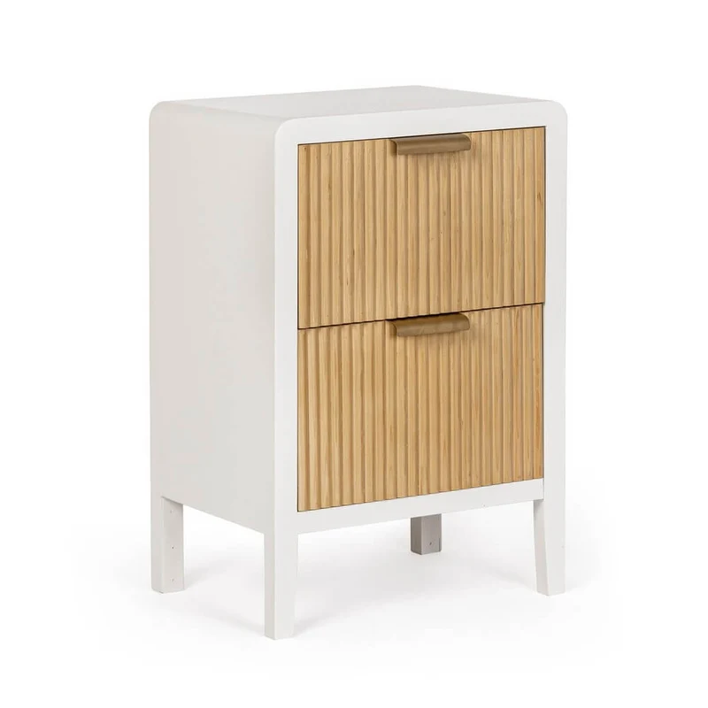 Comodino con 2 Cassetti in Legno Bianco e Naturale con Frontali Rigati - CHARLOTTE