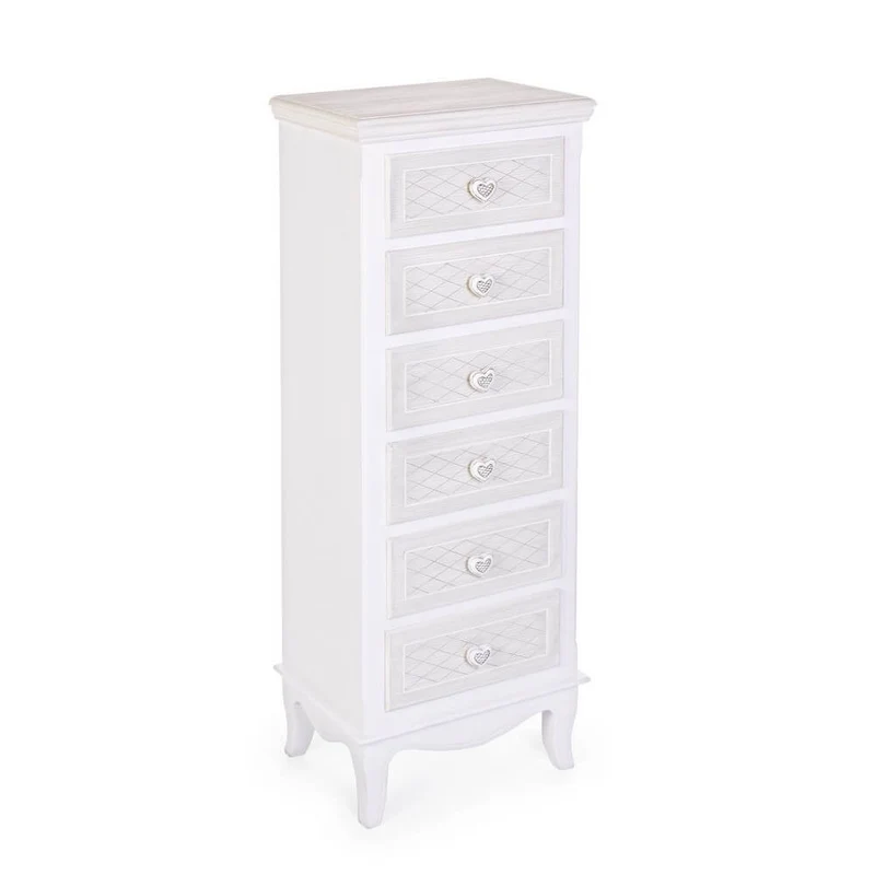 Cassettiera alta 6 cassetti in MDF bianco stile romantico - CAROLINE
