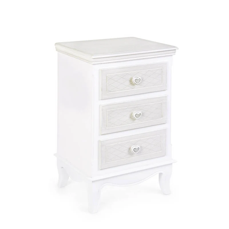 Comodino in MDF bianco romantico con 3 cassetti e pomelli a cuore - CAROLINE