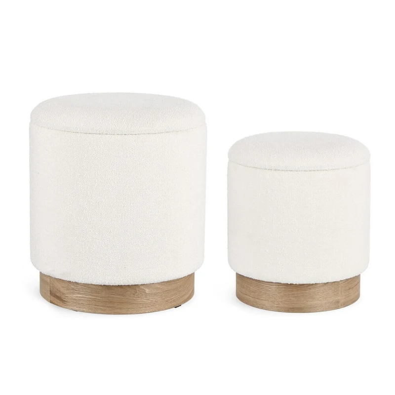 Set di 2 Pouf Rotondi Contenitore in Tessuto Bouclé con Base in Legno - BRIAN