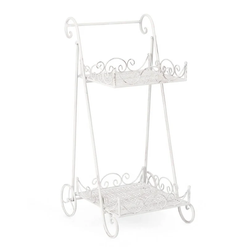 Set di 4 Porta Fiori in Ferro Bianco con 2 Piani e Ruote Stile Romantico - IRENE
