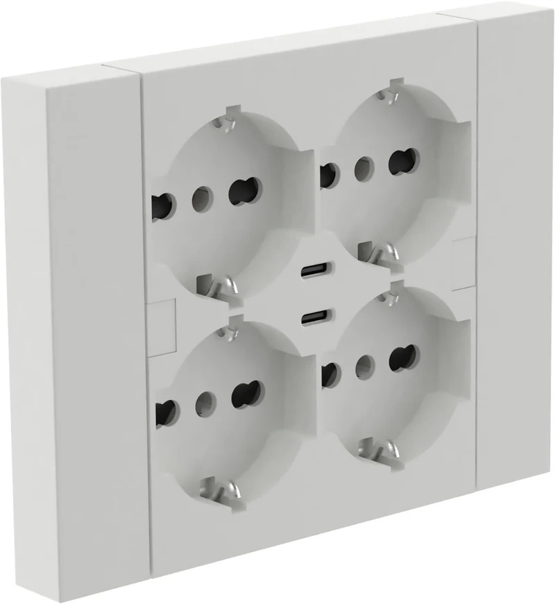 Multipresa da incasso Quadra 4 Posti Universali P40 + 2 USB-C, compatibile con tutte le scatole da incasso 3 posti (muratura o cartongesso)
