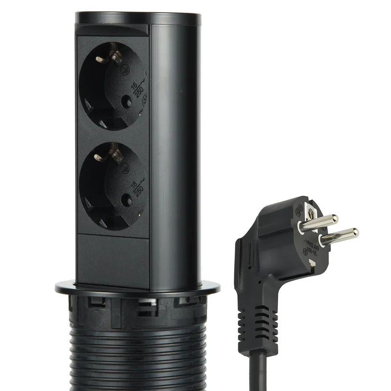Electraline 62586 Multipresa Pop-up a Scomparsa per Scrivania/Tavolo Presa a Incasso 2 Prese Schuko, Diametro Standard 60 mm, Cavo 2 m, Spina Schuko, Corpo in Acciaio inossidabile Nero