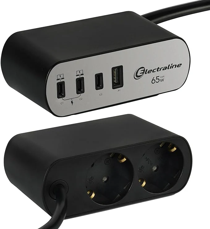 Electraline 62584 Multipresa Scrivania Electradock 2 Prese Schuko + 1 USB-A + 3 USB C 65W Power Delivery, Cavo H05VV-F 3G1.5 lunghezza 2M