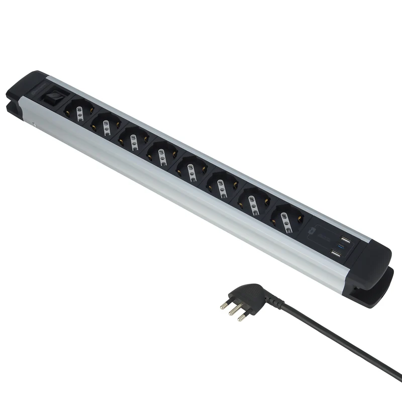 Electraline 61922 Multipresa Alu-Line 8 Posti Polivalenti, Schuko +10/16 A + 3 USB (2 USB A 3.0A + 1 USB C 20W Power Delivery) con Interruttore Luminoso ON/OFF, 2M, con Corpo in Alluminio