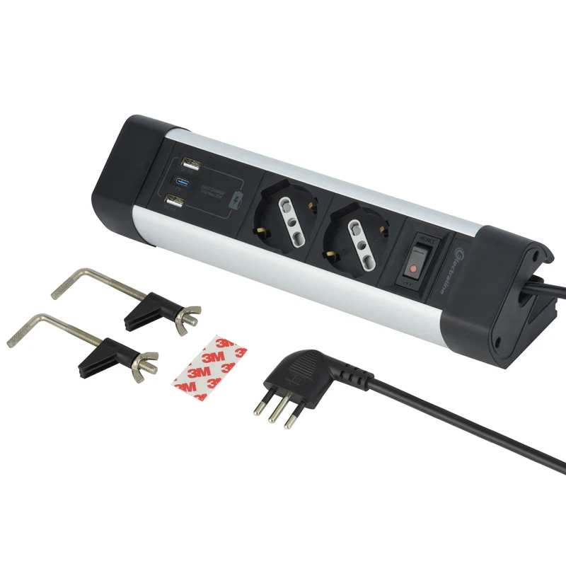 Electraline 61921 Multipresa Scrivania 2 Posti Polivalenti, Schuko + 10/16 A, con 3 USB (2 USB A 3.0A + 1 USB C 20W Power Delivery), Cavo H05VV-F 3G.1 lunghezza 2M, protezione contro sovratensioni