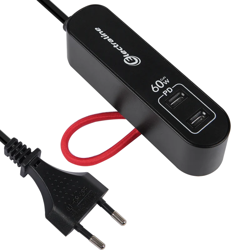 Electraline 62655 Caricatore Portatile 60W, Power Delivery PD GaN con 2 USB tipo C Protocollo PPS per caricare tutti i device (computer inclusi), Prolunga Elettrica 1.5M, Spina Europea, Elastica