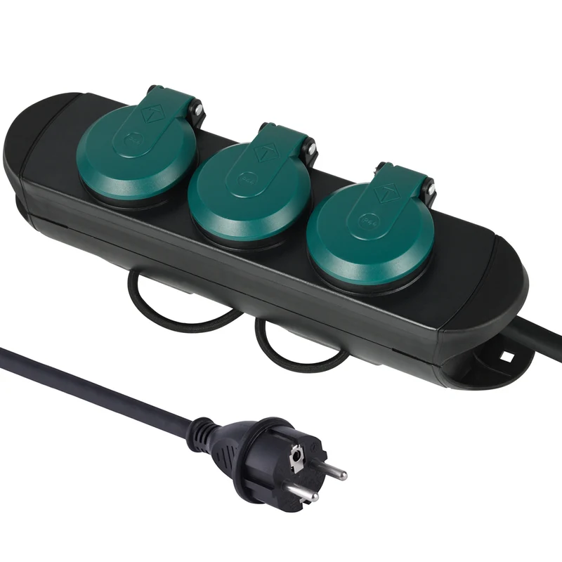 Electraline 62572 Multipresa Professionale da Lavoro per Outdoor con sistema di avvolgicavo, 3 Prese Schuko con tappo IP44, Cavo in gomma 1.4 metri H07RN-F 3G1.5, Nero/Verde
