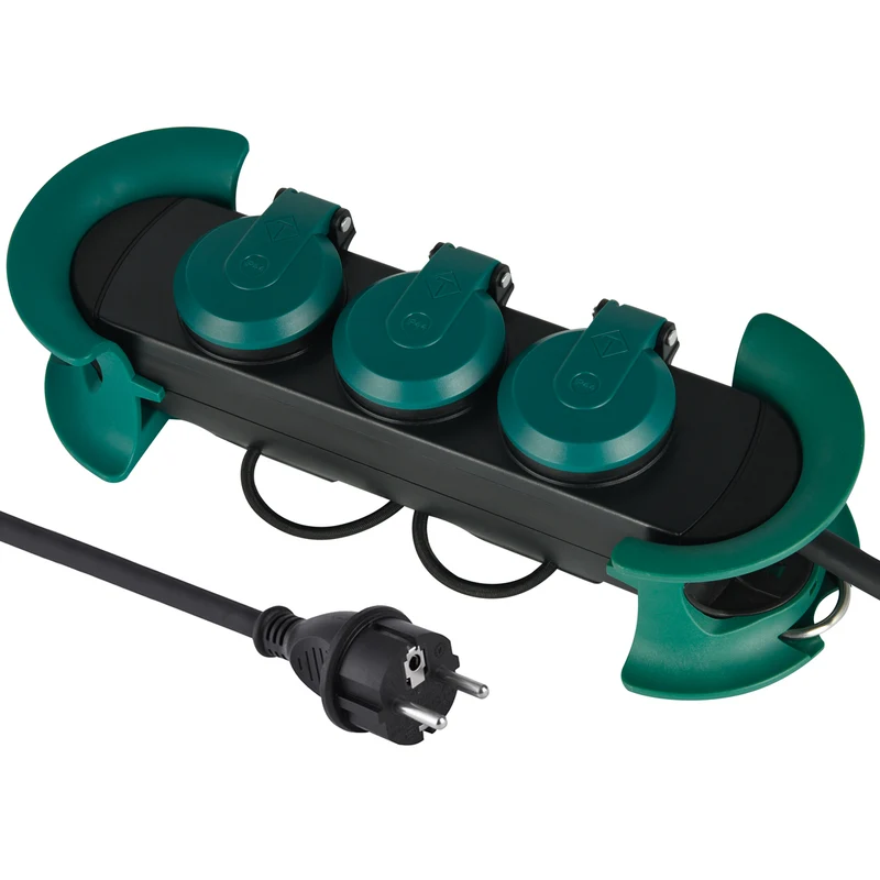 Electraline 62573 Multipresa Professionale da Lavoro per Outdoor, 3 prese Schuko con tappo IP44, appendibile con 2 ganci, Cavo in gomma 3M H07RN-F 3G1,5, Nero/Verde