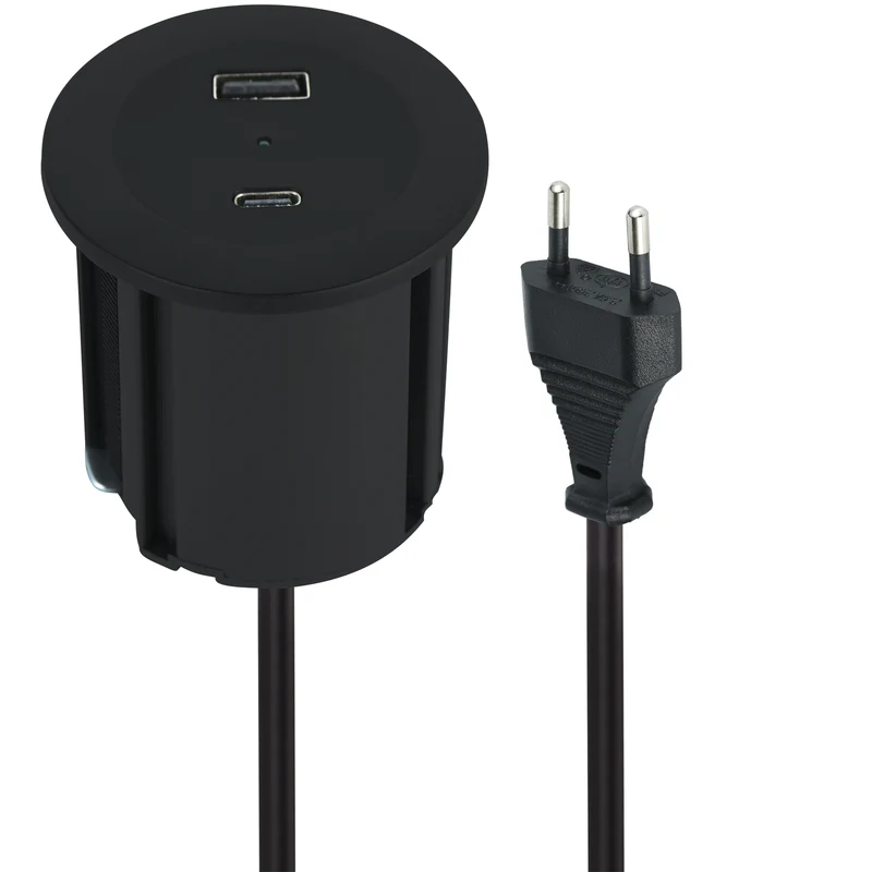 Electraline Grommet 62568 - Ciabatta elettrica da tavolo con 2 USB 45 W (1 tipo C Power Delivery per la ricarica di computer + 1 tipo A 3.0A Q.C.) cavo 3M D54-60 mm
