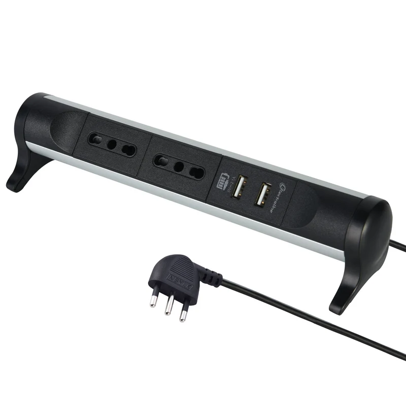 Multipresa Scrivania Alu-Line di Design 2 Posti 10/16A + 2 porte USB 2.1A, Cavo 1.5M, Spina salvaspazio 90° 16A, Corpo in Alluminio