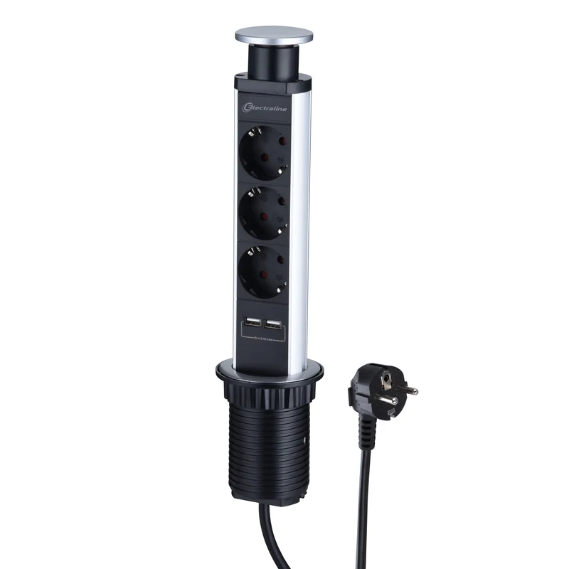 Multipresa Tower da Scrivania a incasso 3 Posti + 2 USB 2.4A, Diametro Standard 60mm