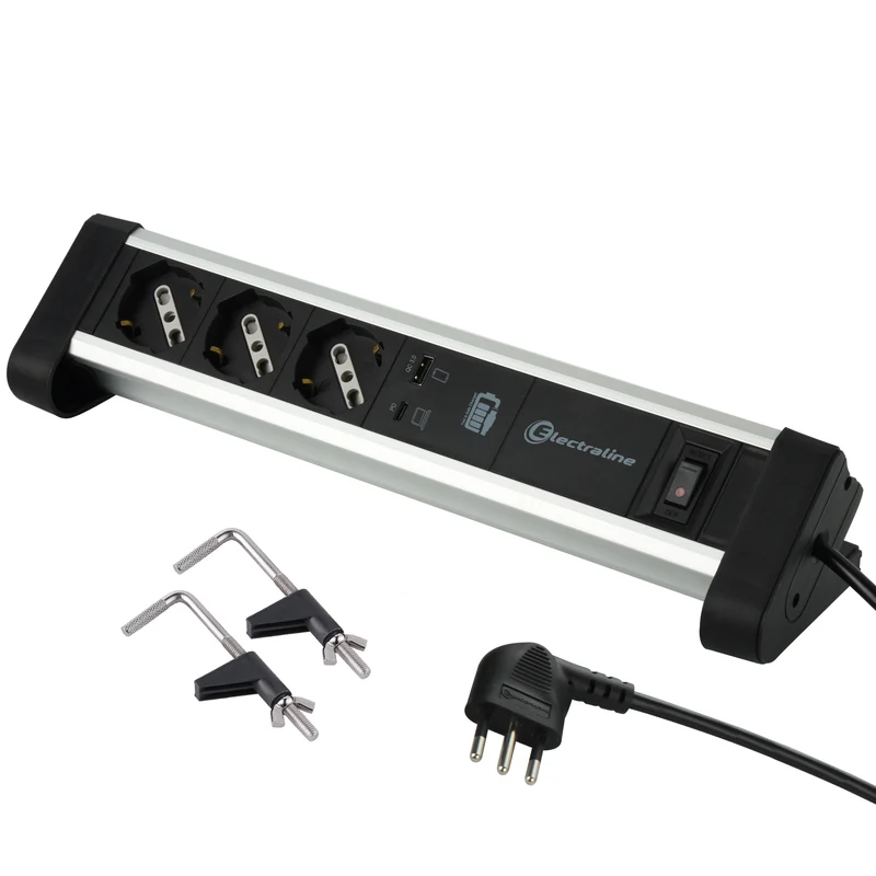 Multipresa da Scrivania 65W 3 Posti + 1 USB Tipo C PD65W + 1 USB Tipo A 3.0A