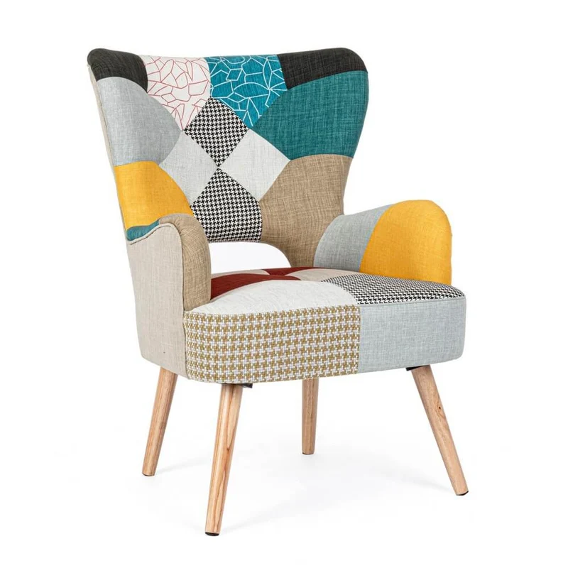 Poltrona imbottita in tessuto patchwork multicolore con gambe in legno - CHRISTOPHER