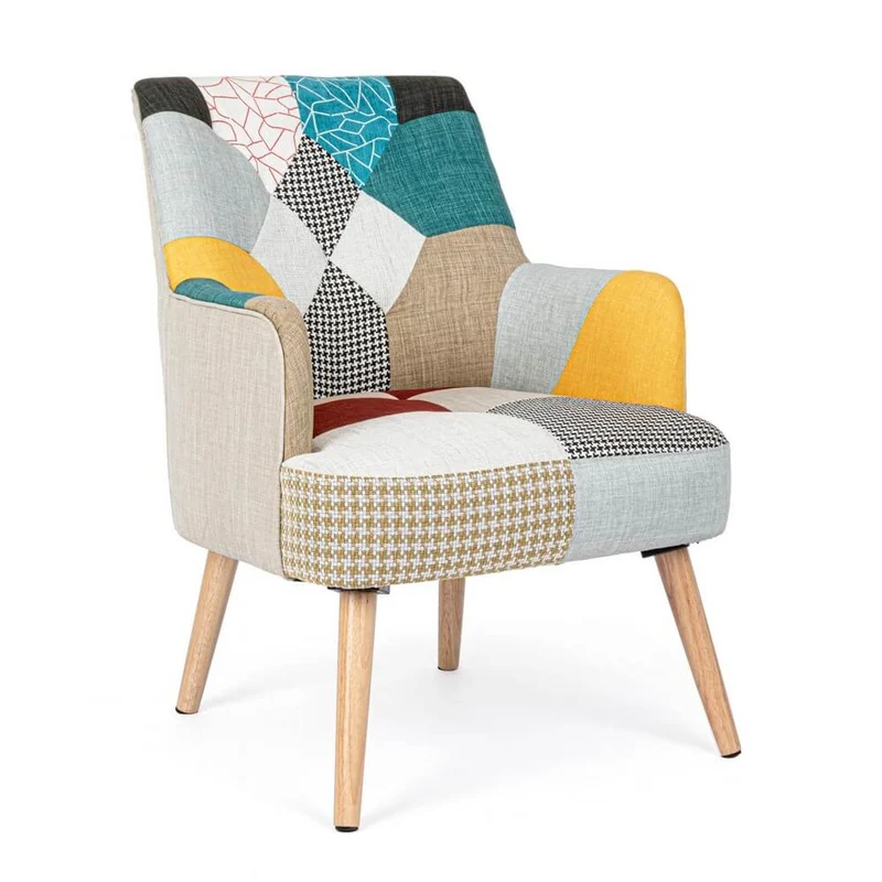 Poltrona Patchwork Multicolore con Gambe in Legno Stile Nordico - CHRISTOPHER