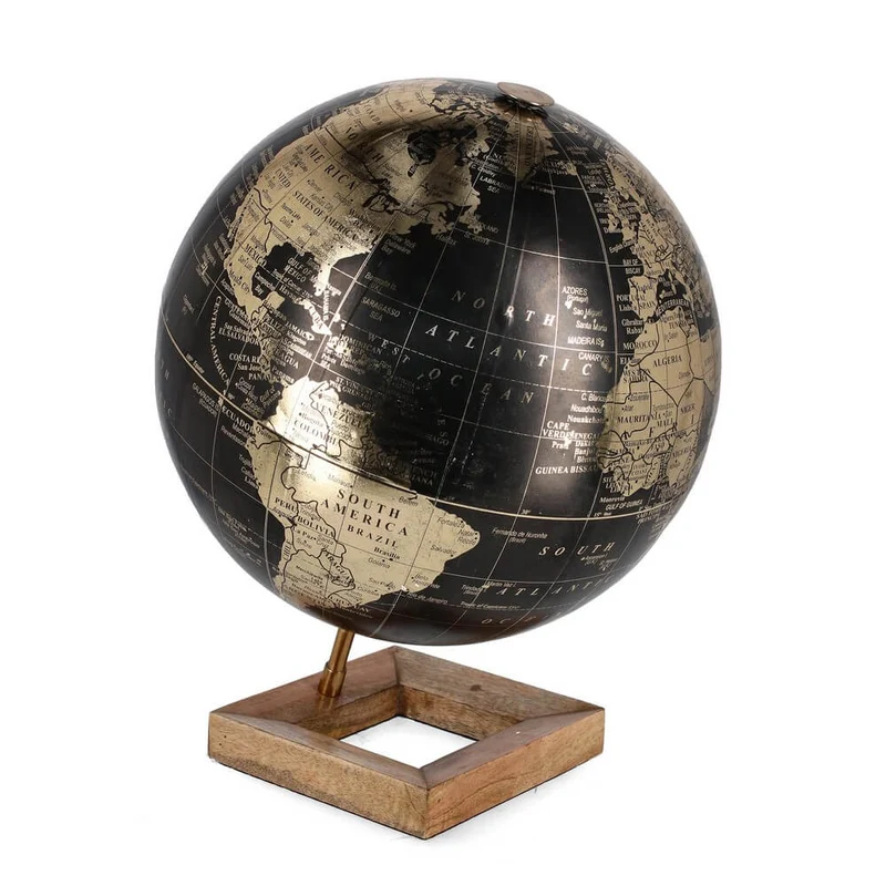 Mappamondo Decorativo Nero e Oro con Base in Legno di Mango - ALEXEI