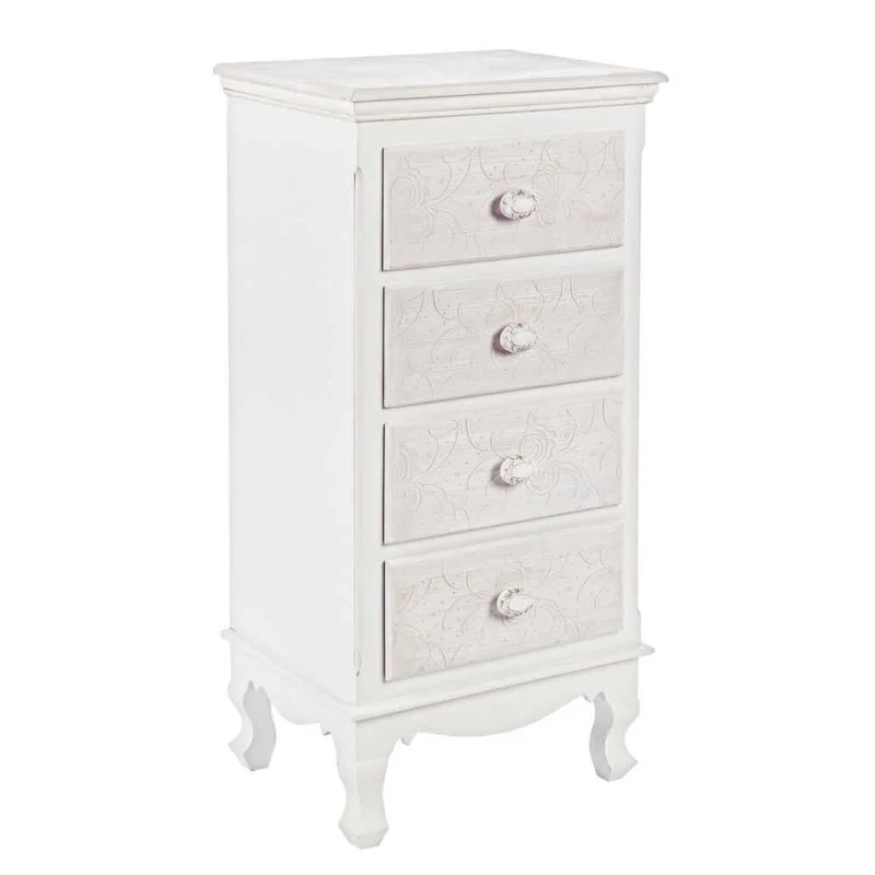 Cassettiera 4 Cassetti in MDF Bianco con Decori Floreali - ALBINE