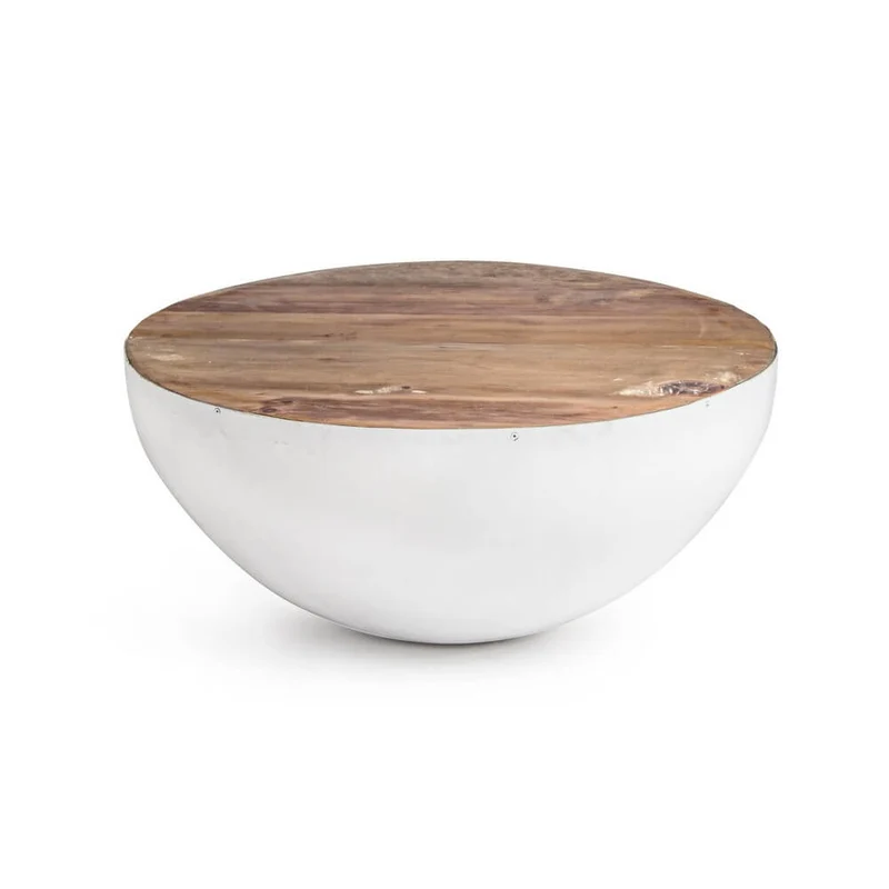 Tavolino Rotondo in Acciaio e Legno Riciclato Base Semisfera - ZEN