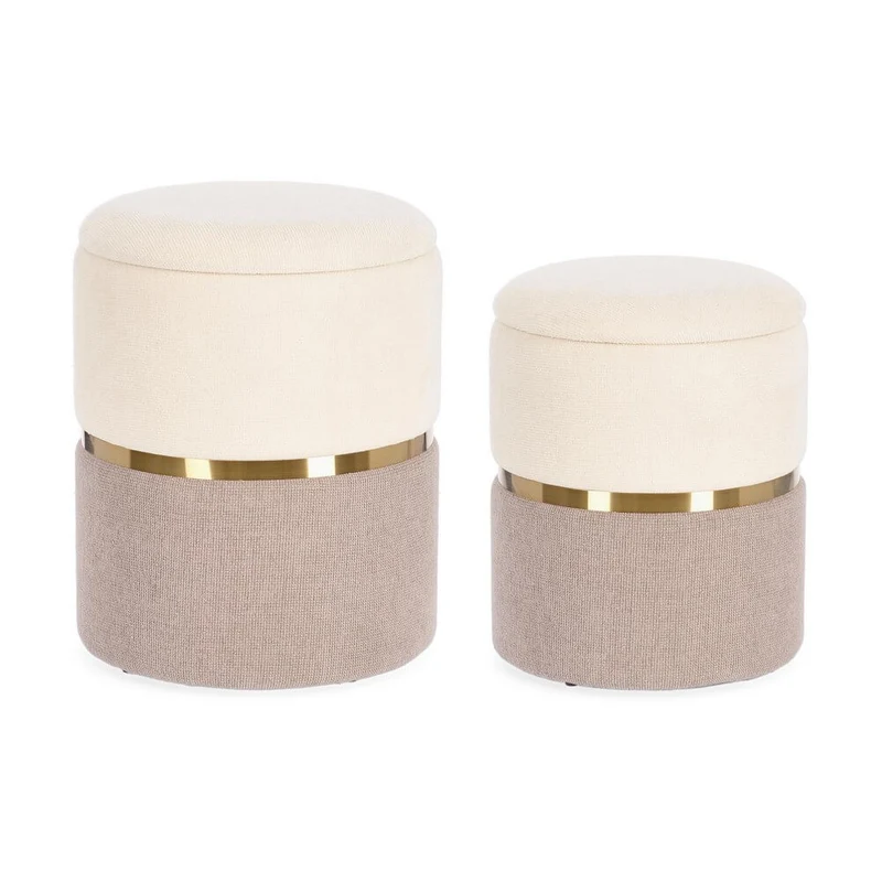 Set 2 Pouf Contenitore Rotondi in Tessuto con Anello Dorato - WHITE