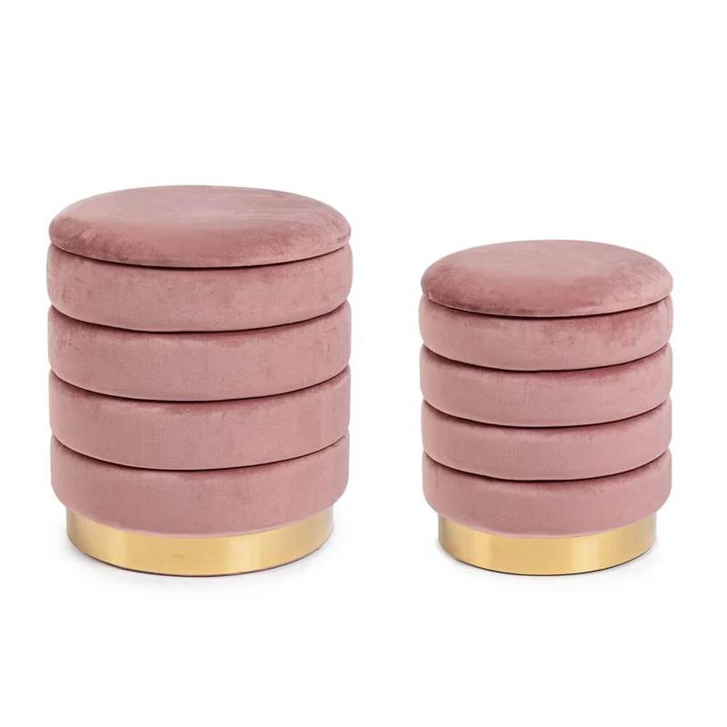 Set di 2 Pouf Contenitore Rotondi in Velluto con Base Dorata - TINI