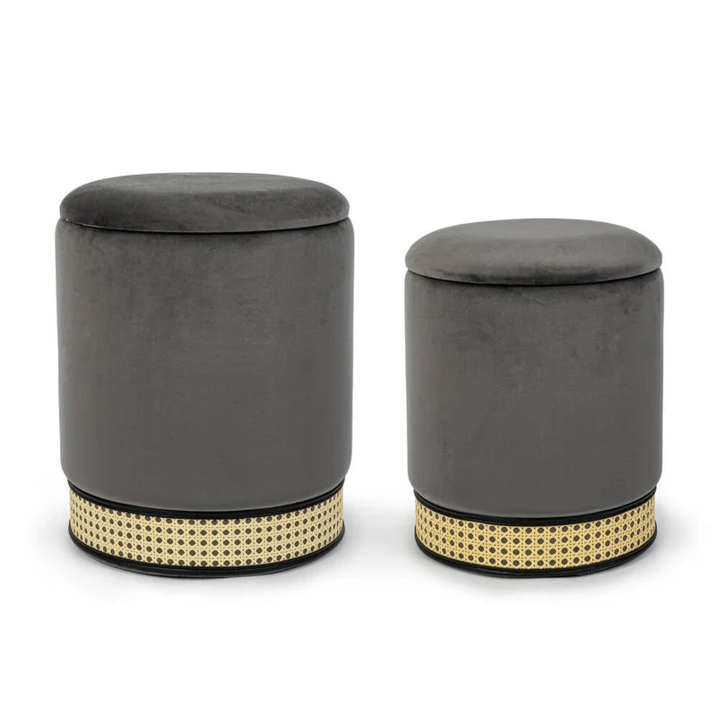 Set di 2 Pouf Contenitore Rotondi in Velluto con Rattan - TAYLOR