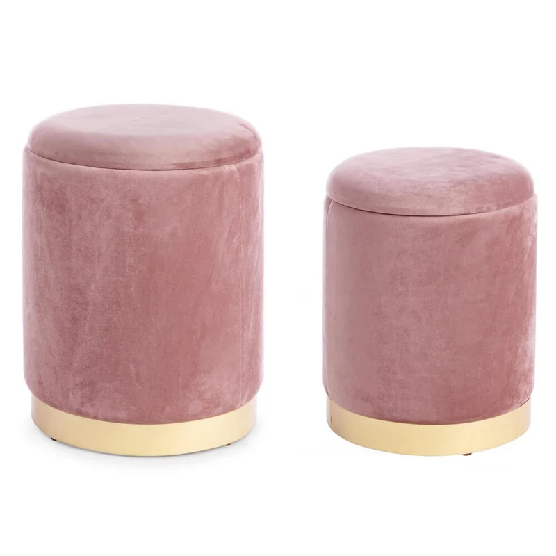Set da 2 Pouf Contenitore Rotondi in Velluto con Base Dorata - SERENA