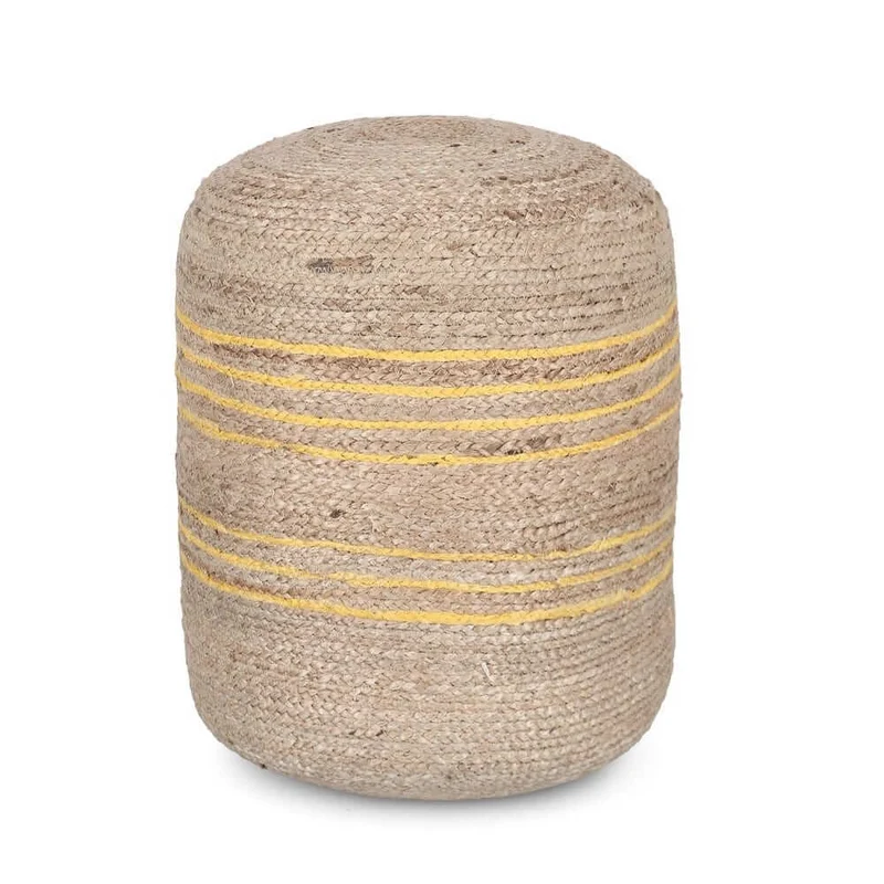 Pouf rotondo in iuta naturale con righe gialle intrecciato - RAHUL