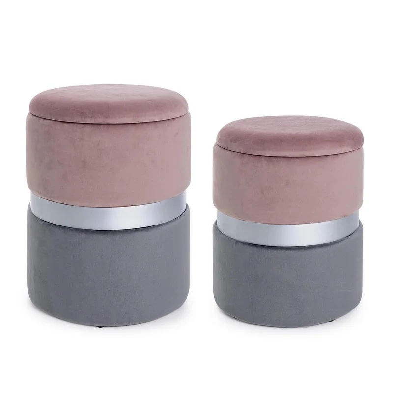Set da 2 Pouf Rotondi in Velluto con Contenitore - POLLY