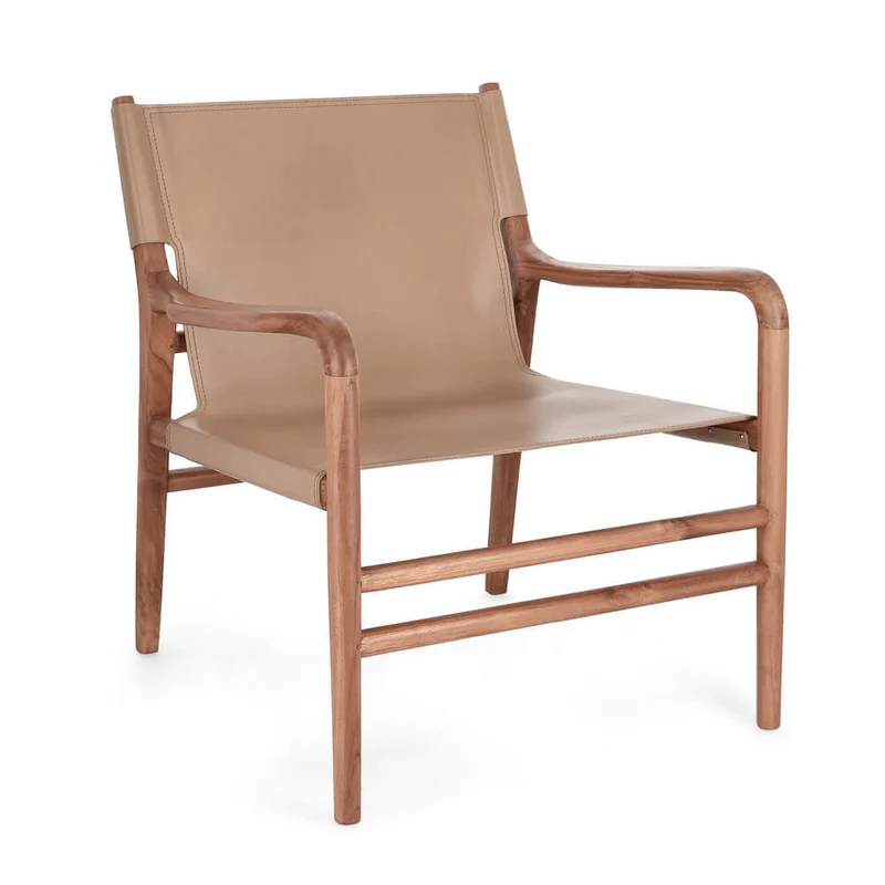 Poltrona Lounge in Legno di Teak e Pelle con Braccioli - PENELOPE