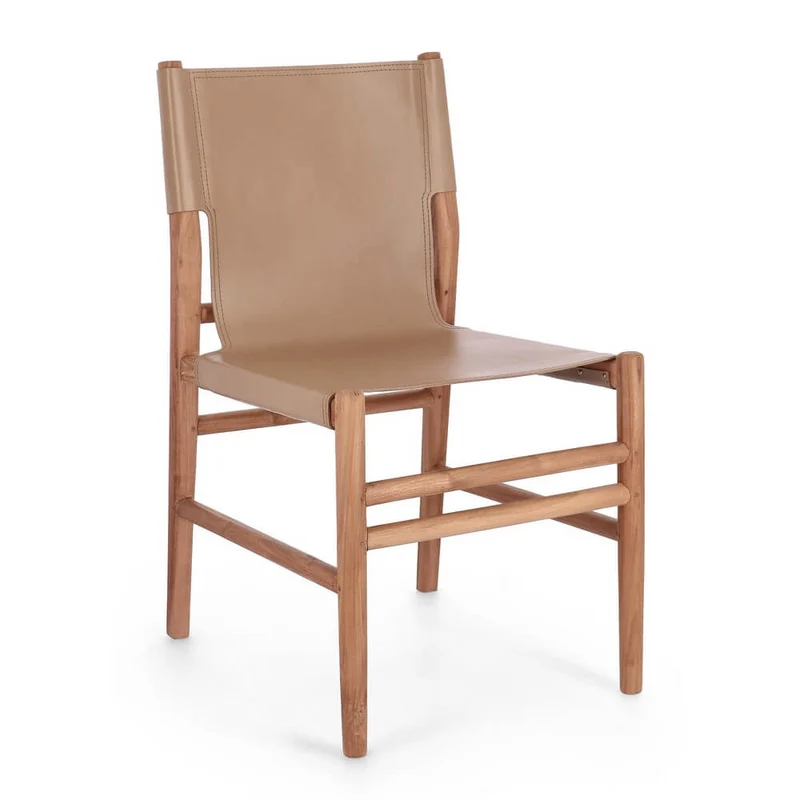 Set di 2 Sedie in Legno Teak e Vera Pelle Tortora - PENELOPE