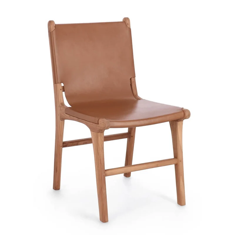 Set di 2 Sedie in Legno Teak e Vera Pelle Colore Cognac - PENELOPE