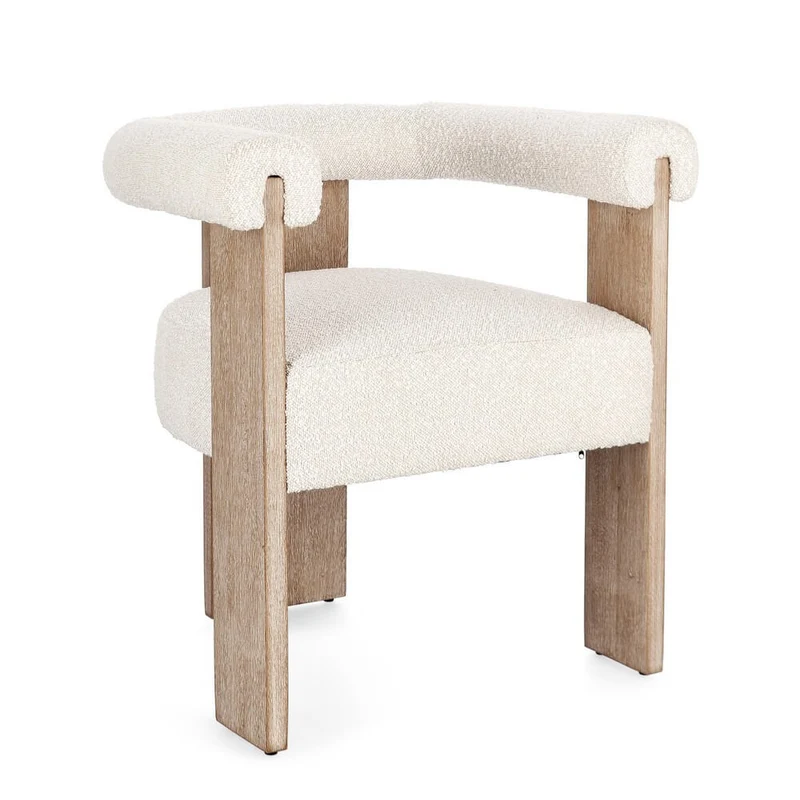 Sedia con Braccioli in Tessuto Bouclé e Struttura in Legno Naturale - GORDON