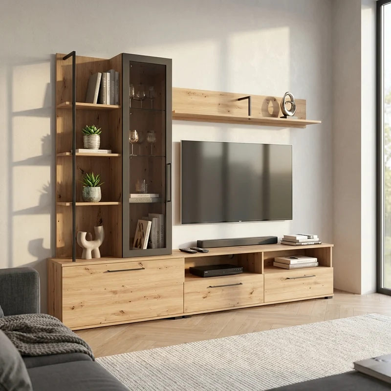 parete attrezzata con anta vetrina e due cassetti moderna minimal in legno cm 229 5x35x182 5 h - GRACE