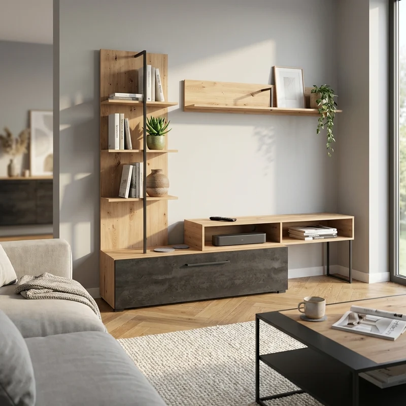 parete attrezzata con anta e mensola moderna minimal in legno cm 205x41 5x173 h - BOSTIC