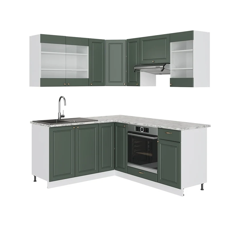 Cucina angolare completa Fame-Line Verde-oro rustico/Bianco 190 x 160 cm senza piano di lavoro Vicco