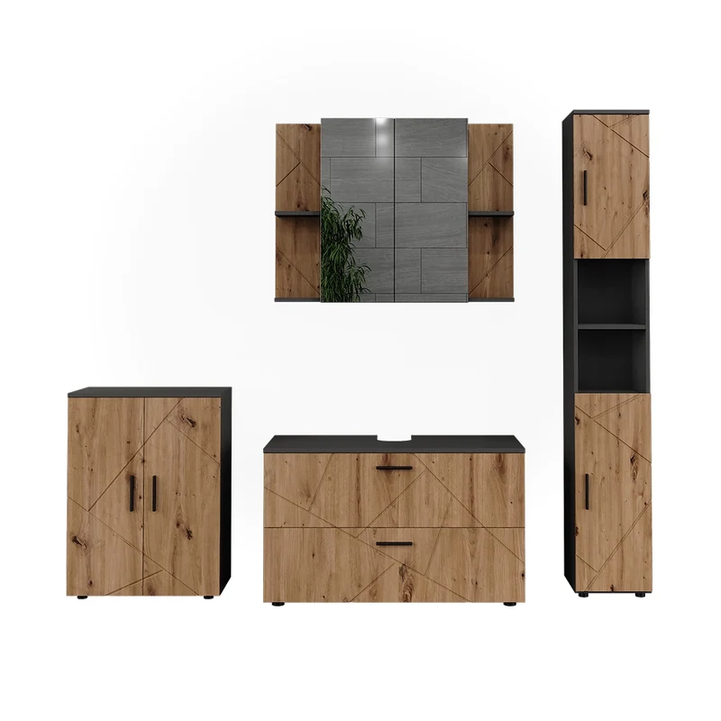 Set di mobili da bagno Irma Antracite/Rovere dorato 4 pezzi Vicco