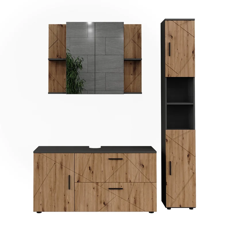 Set di mobili da bagno Irma Antracite/Rovere dorato 3 pezzi Vicco