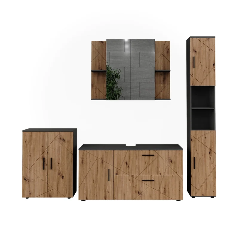Set di mobili da bagno Irma Antracite/Rovere dorato 4 pezzi Vicco