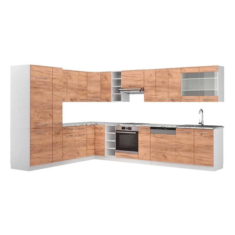 Cucina angolare completa Fame-Line Rovere dorato/Bianco 347 x 257 cm, PL Marmo Vicco