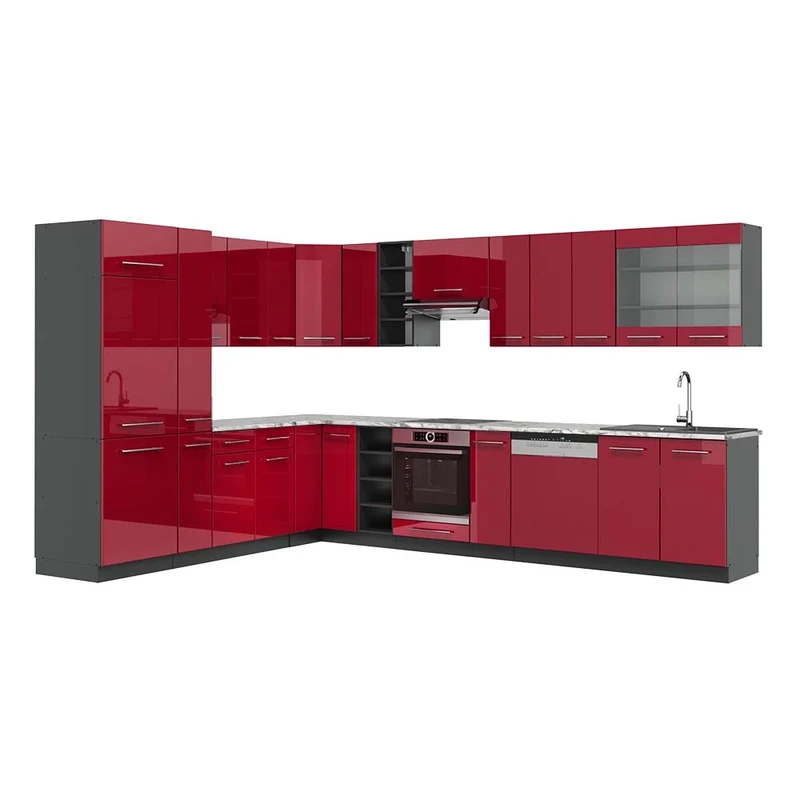 Cucina angolare completa Fame-Line Bordeaux lucido/Antracite 347 x 257 cm, PL Marmo Vicco