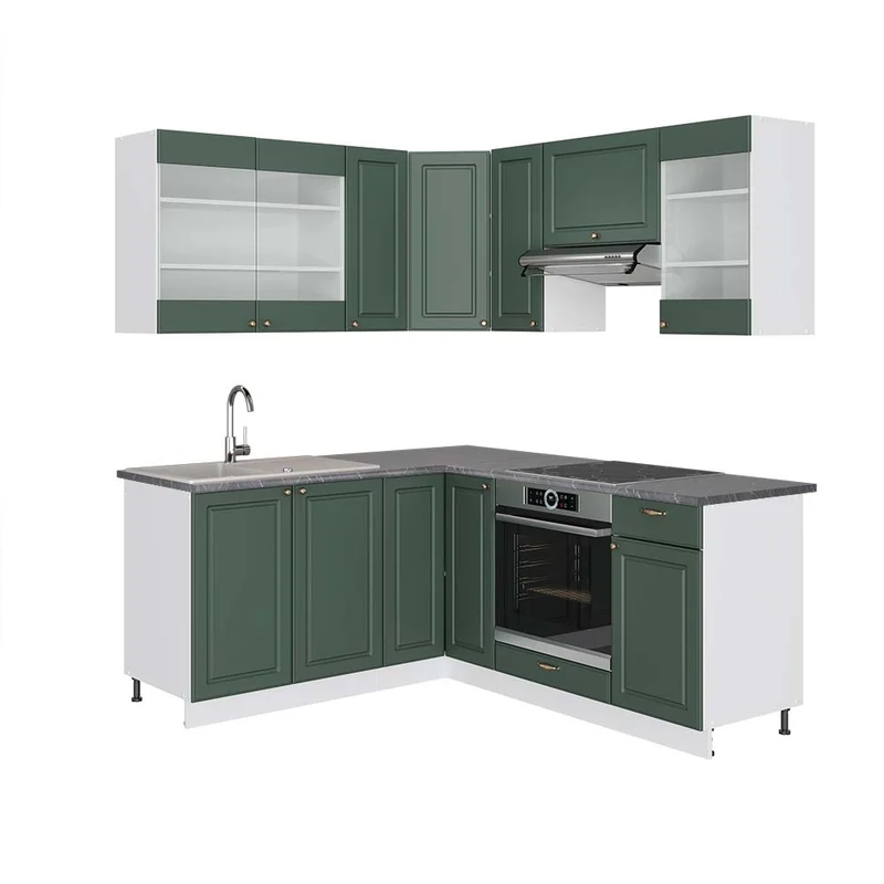 Cucina angolare completa Fame-Line Verde-oro rustico/Bianco 190 x 160 cm, PL Antracite Vicco