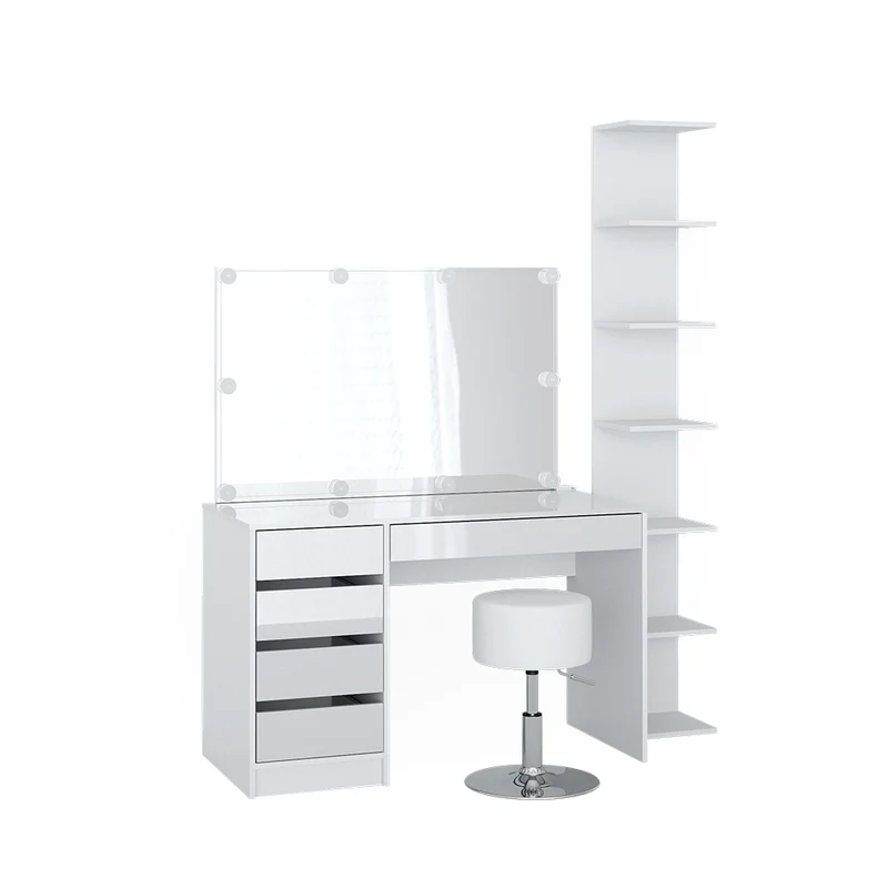 Tavolino da toilette Sherry Bianco 4 pezzi, con ripiano portaoggetti, specchio, sgabello, LED Vicco