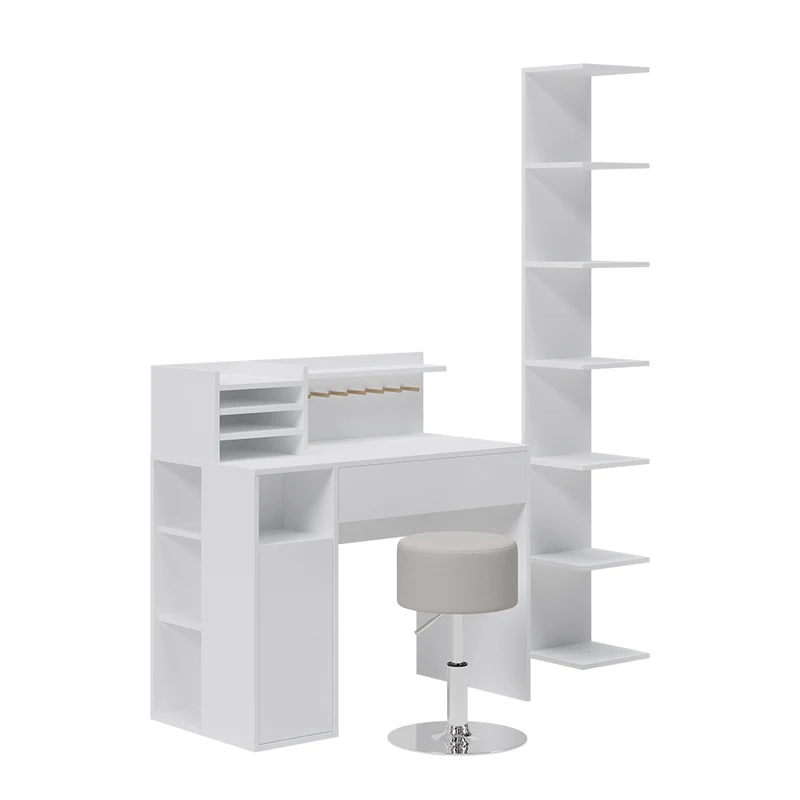 Scrivania Bianco 3 parti, con libreria e sgabello Vicco