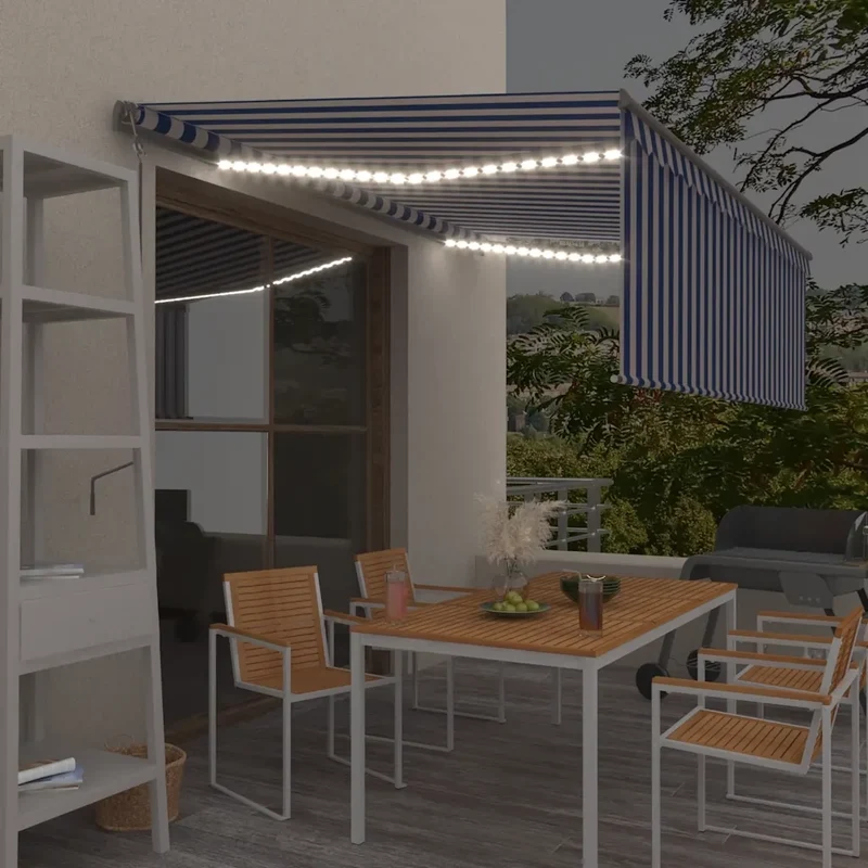 Tenda Automatica Parasole Sensore Vento LED 4x3m Blu Bianca 3069431